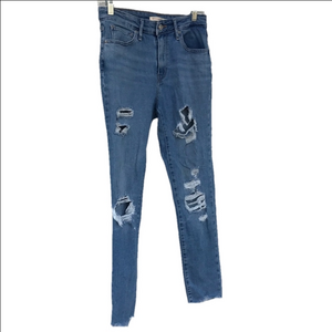 Levis 721 Hi Rise Skinny Leg Destroyed Raw Hem Blue Jeans Women Sz 26 Grunge Y2K